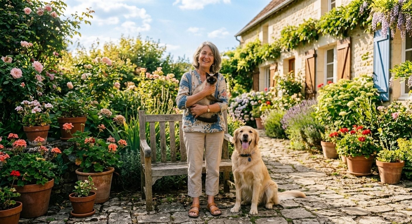Une femme souriante avec son chat Siamese et son chien dans un jardin ensoleillé